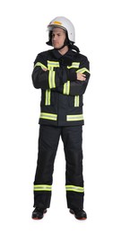 Photo of Full length portrait of firefighter in uniform and helmet on white background