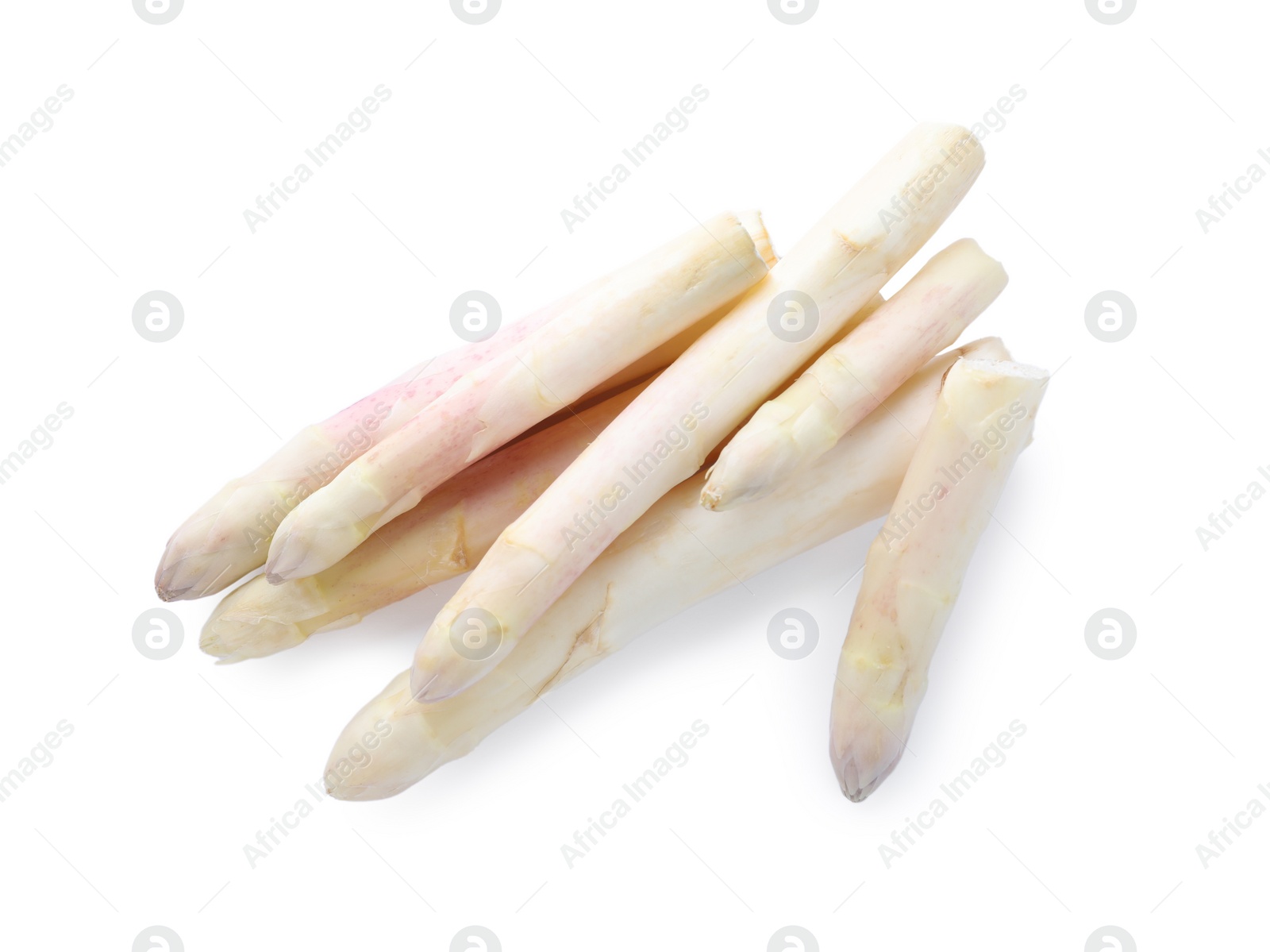 Photo of Pile of fresh raw asparagus isolated on white, top view