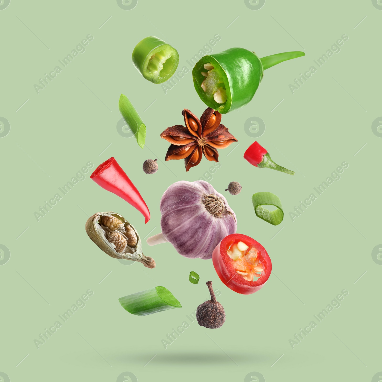 Image of Different spices falling on light green background