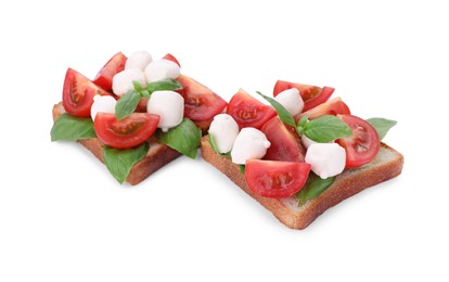 Photo of Delicious Caprese sandwiches with mozzarella, tomatoes, basil and pesto sauce isolated on white