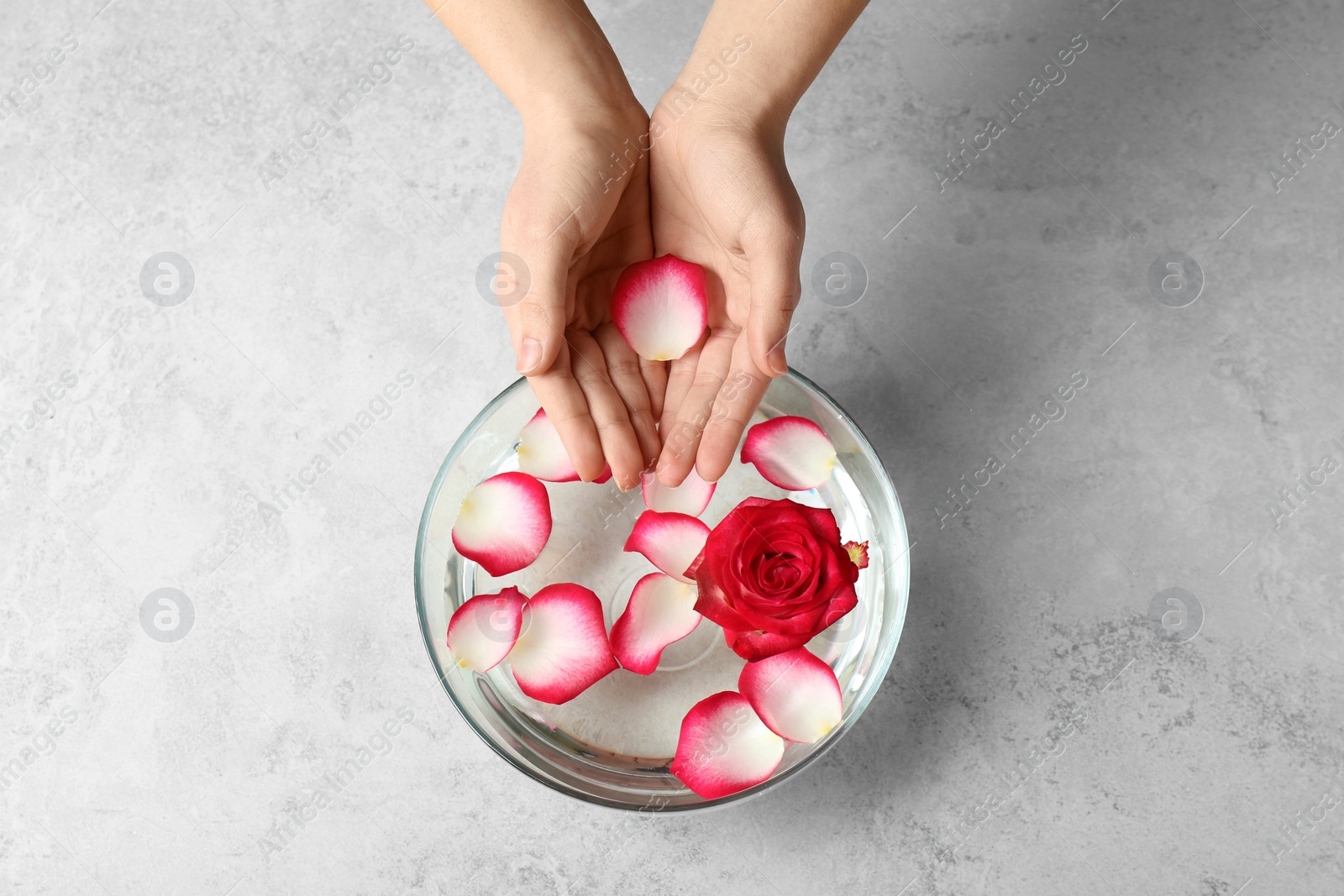 Photo of Woman with bowl of aroma spa water and rose petals on grey background, top view