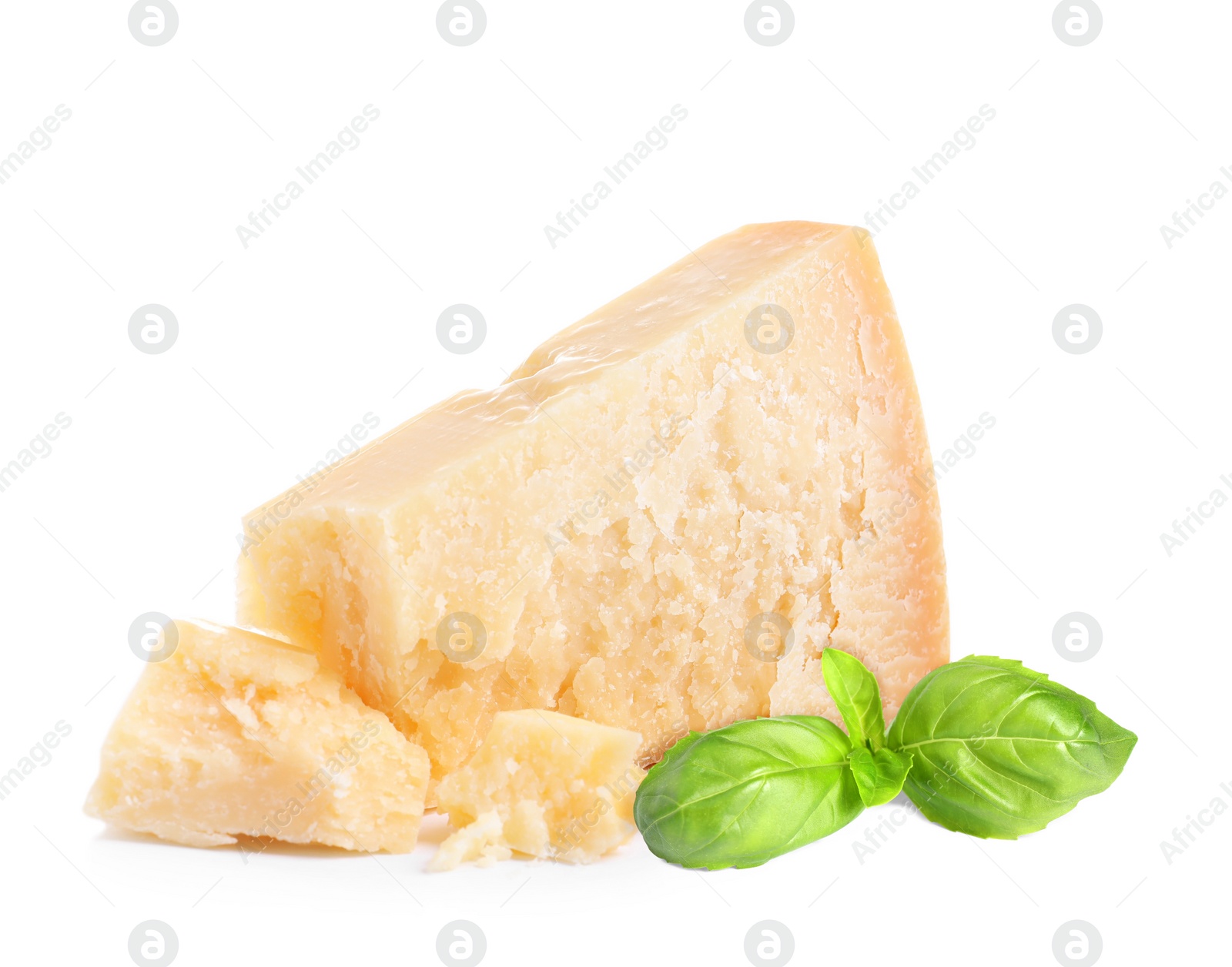 Image of Delicious parmesan cheese and basil on white background