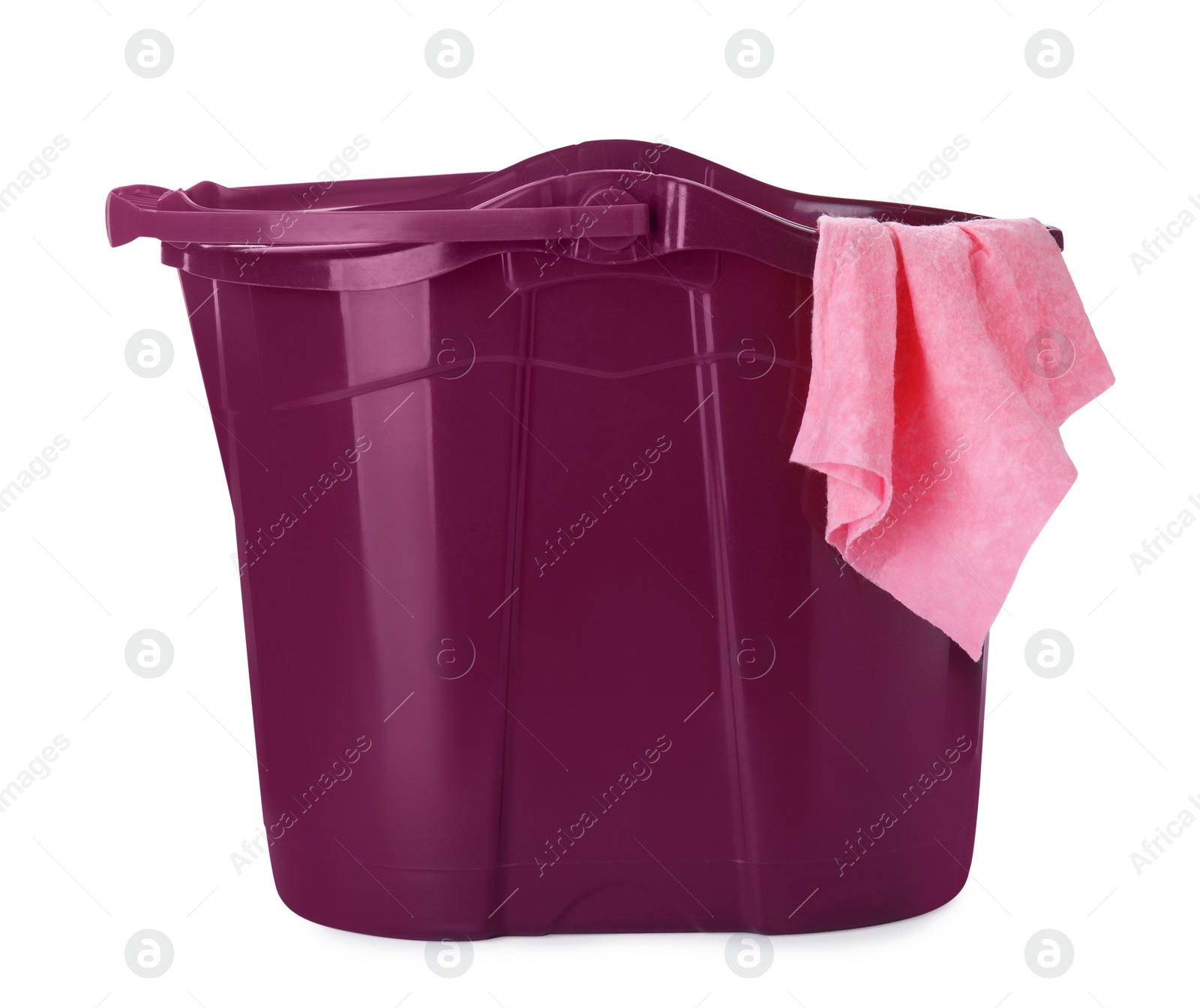 Photo of Purple bucket with rag isolated on white