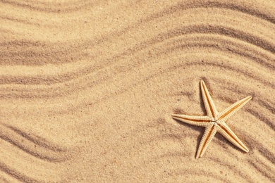 Starfish on beach sand with wave pattern, top view. Space for text