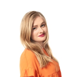 Photo of Attractive young woman in stylish outfit on white background