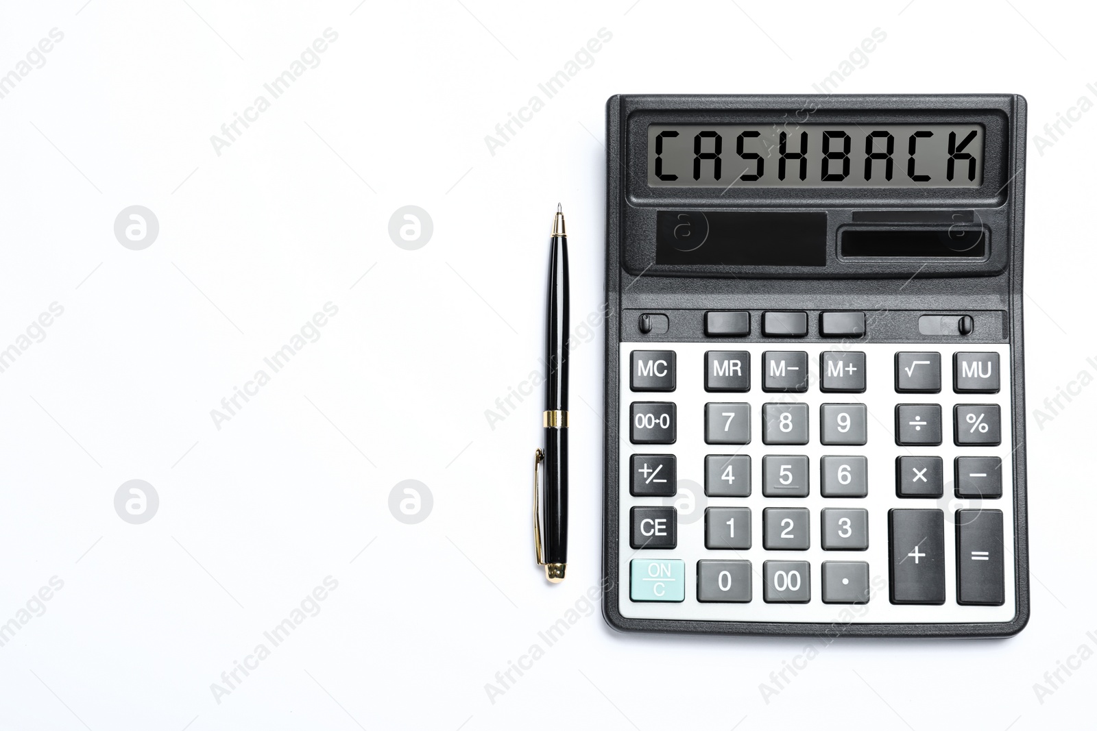 Image of Calculator with word Cashback and pen on white background, top view. Space for text