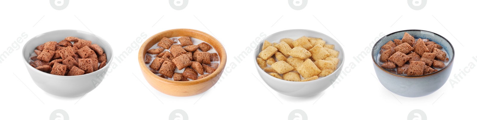 Image of Tasty corn pads with milk in bowls on white background, collage. Banner design