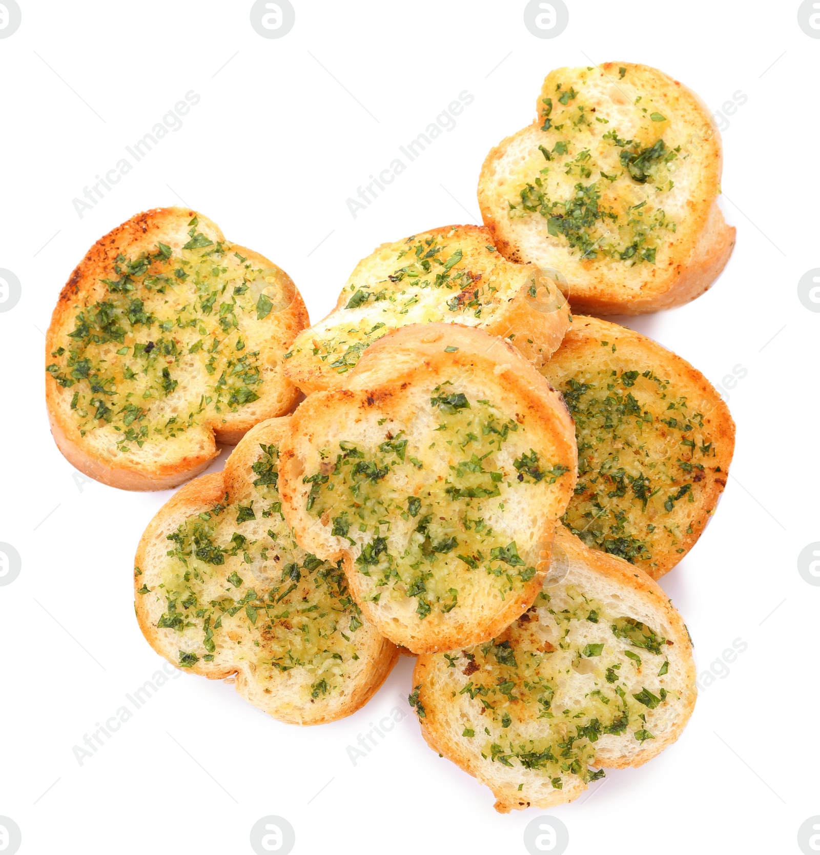 Photo of Slices of toasted bread with garlic, cheese and herbs on white background, top view