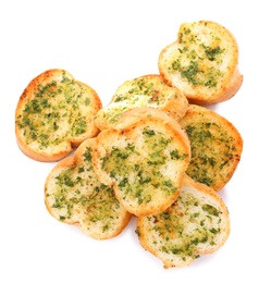 Photo of Slices of toasted bread with garlic, cheese and herbs on white background, top view