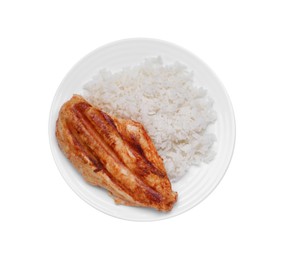 Photo of Plate with grilled chicken breast and rice isolated on white, top view