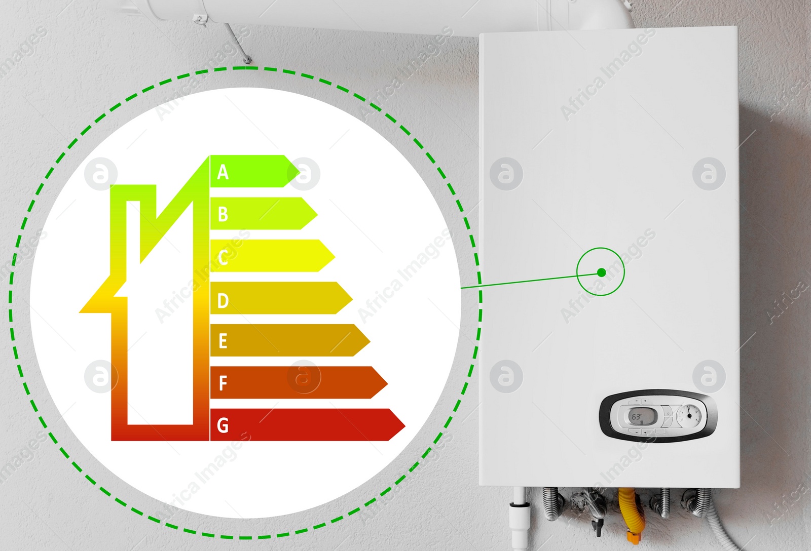 Image of Energy efficiency chart and gas boiler indoors