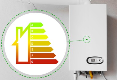 Image of Energy efficiency chart and gas boiler indoors