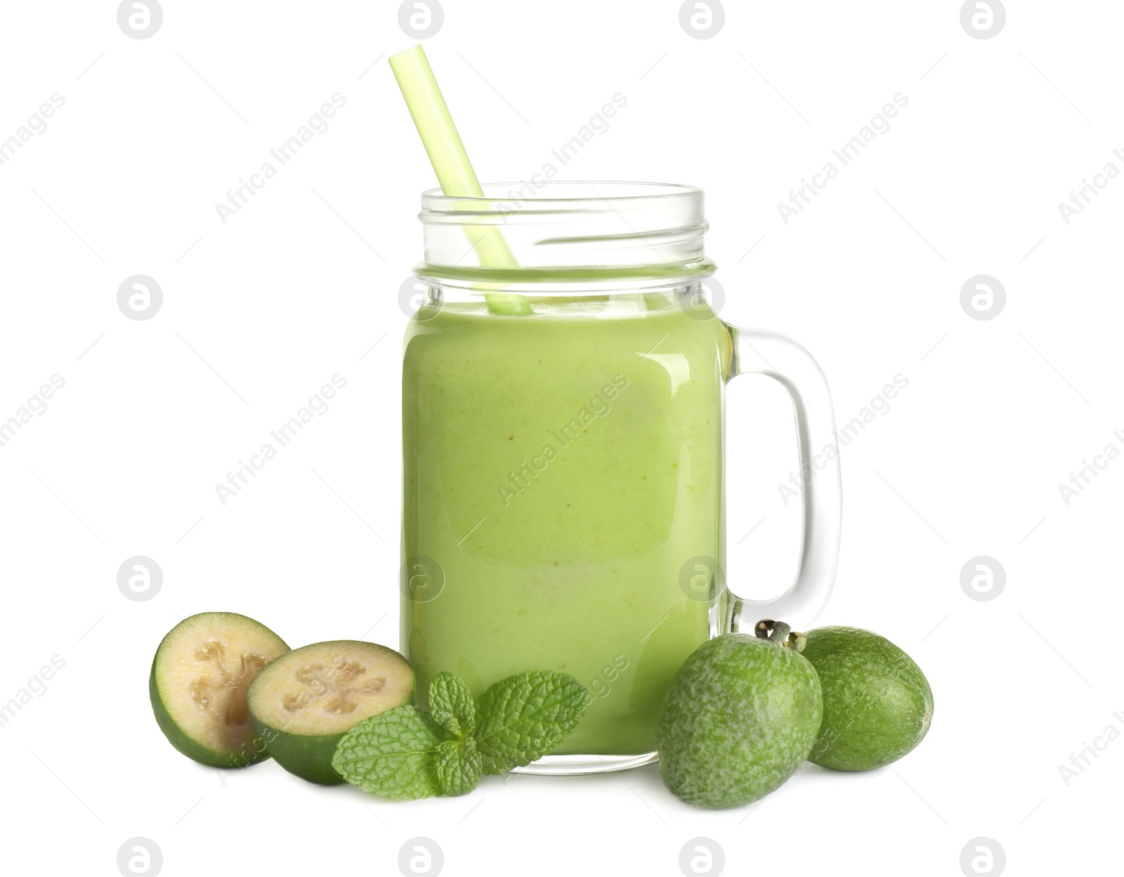 Photo of Fresh feijoa smoothie in mason jar and fresh fruits on white background