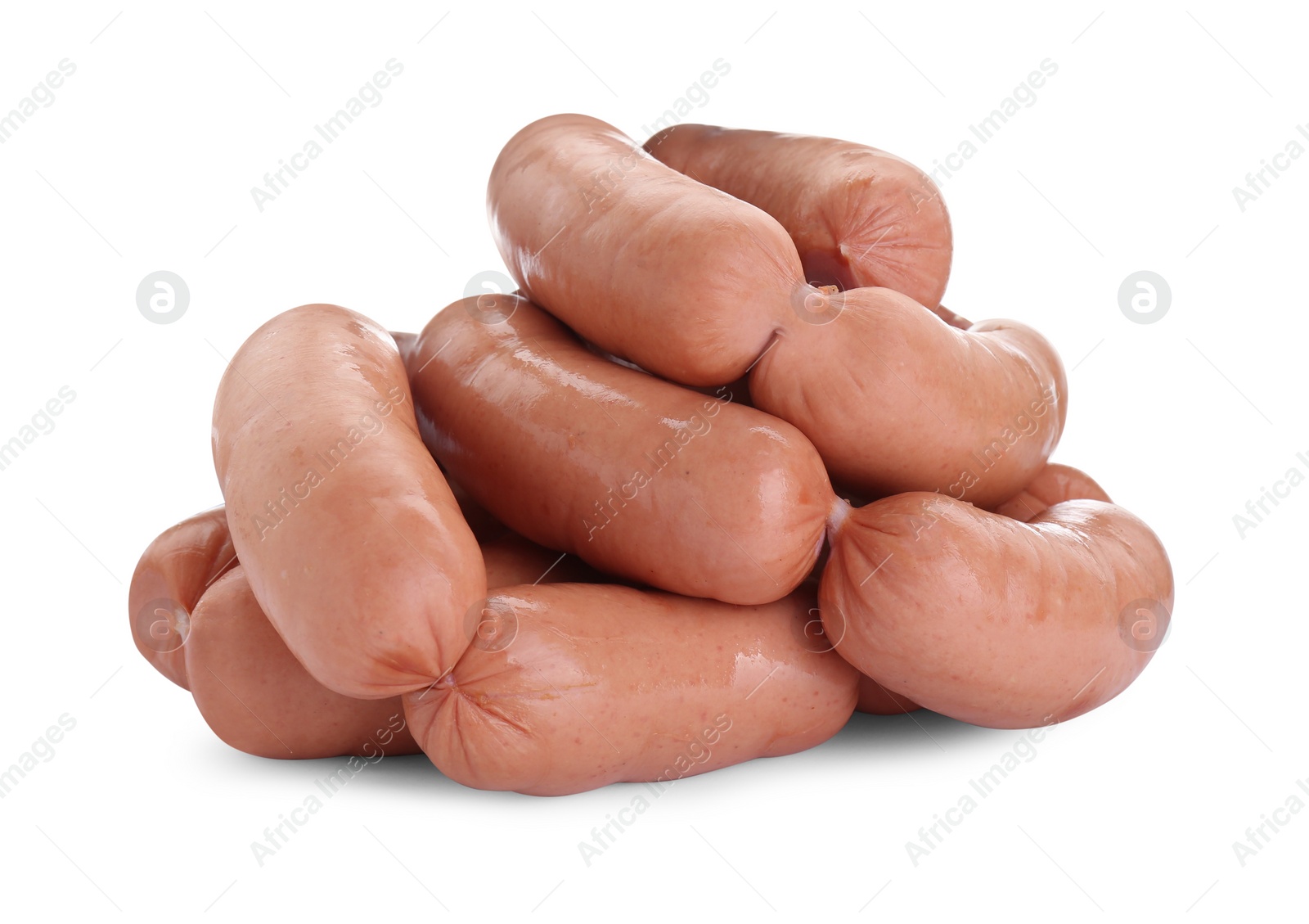 Photo of Tasty sausages isolated on white. Meat product