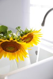 Bouquet of beautiful sunflowers in sink at home