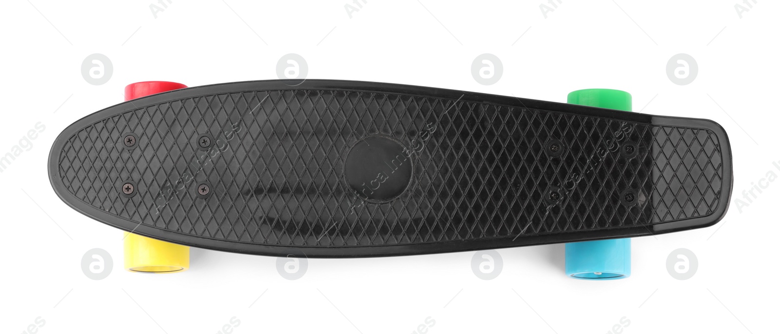 Photo of Black skateboard with colorful wheels isolated on white, top view. Sports equipment