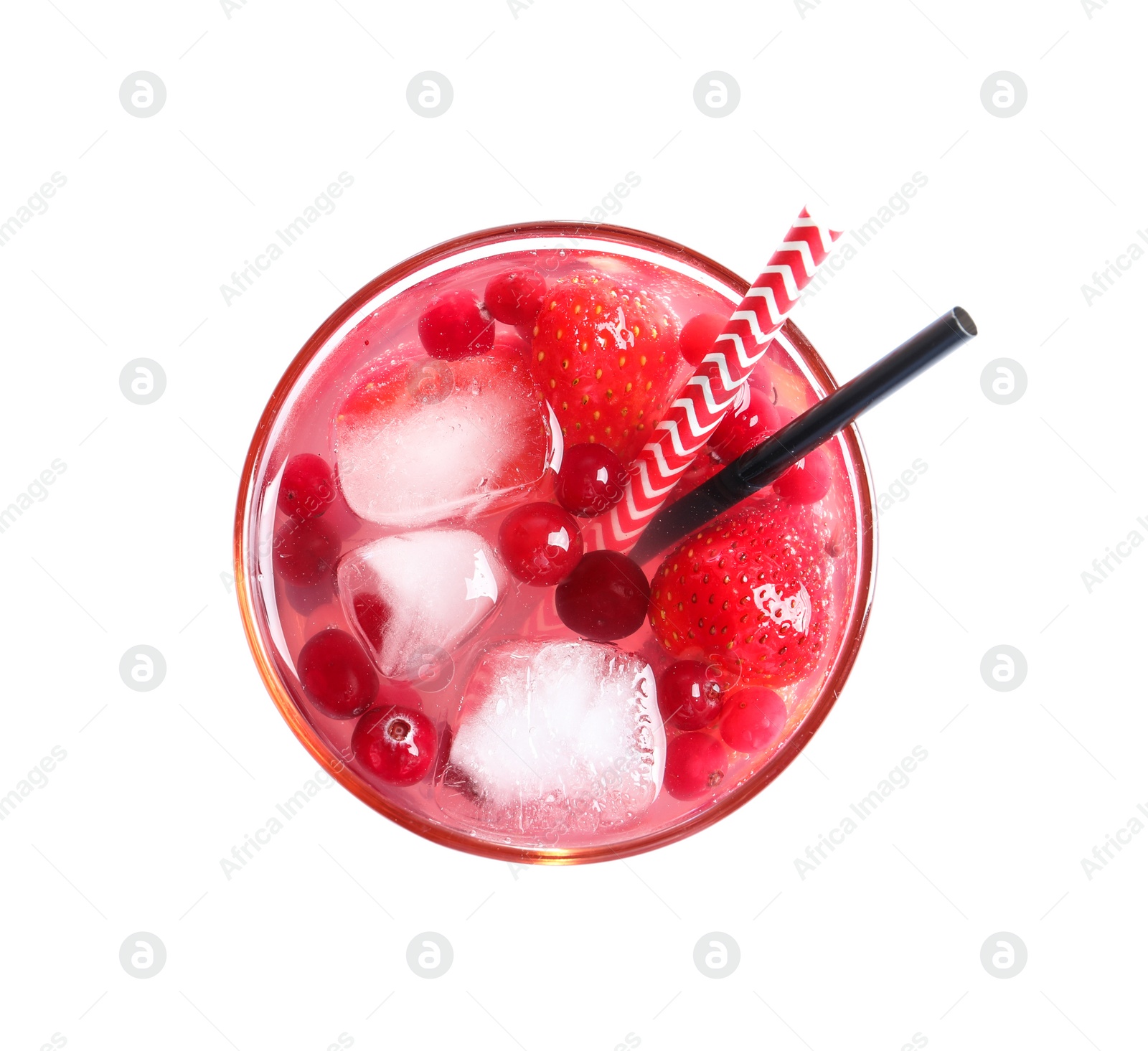 Photo of Glass of natural lemonade with berries on white background, top view