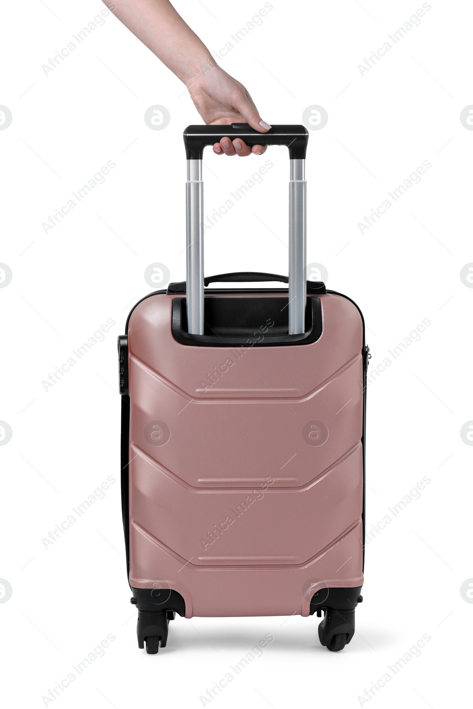 Photo of Woman with stylish suitcase on white background, closeup