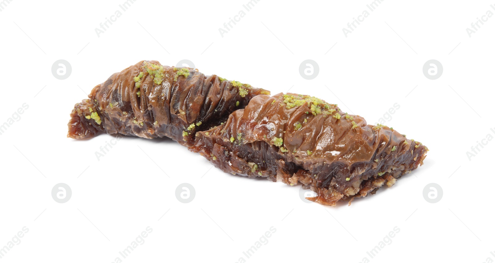 Photo of Delicious baklava with pistachios on white background