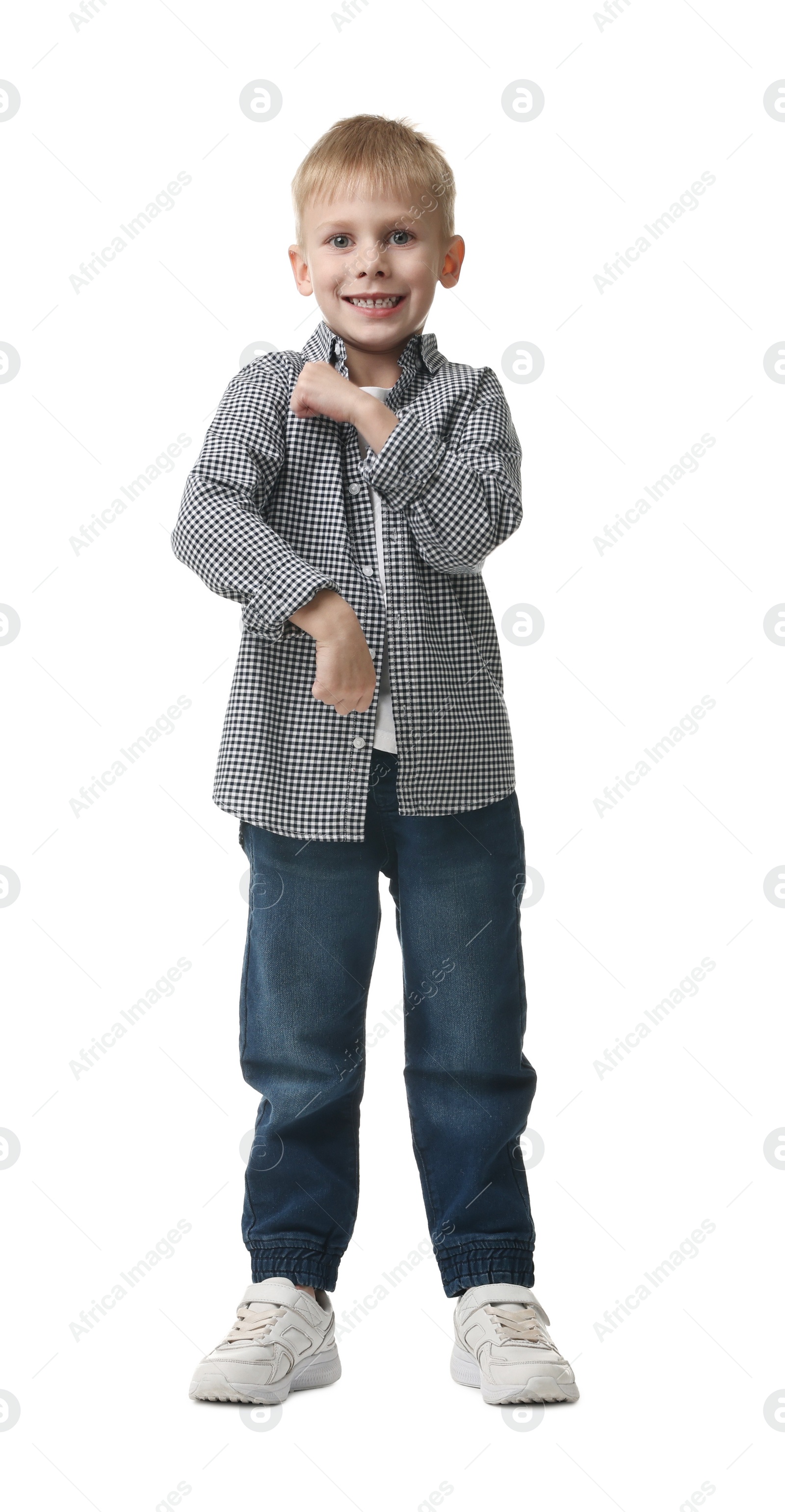 Photo of Happy little boy dancing on white background