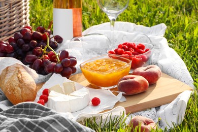 Photo of Picnic blanket with tasty food and cider on green grass outdoors