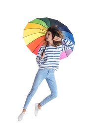 Woman with rainbow umbrella on white background