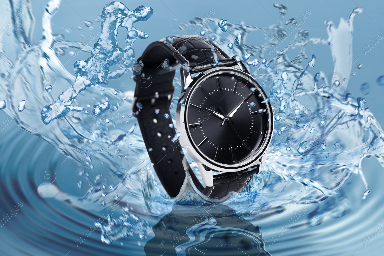 Image of Luxury men's watch in water splashes demonstrating its waterproof