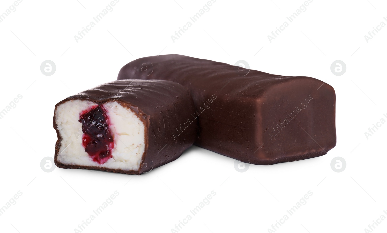 Photo of Cut and whole glazed curds with berry filling isolated on white