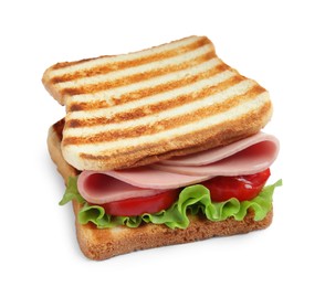 Tasty sandwich with boiled sausage, tomato and lettuce isolated on white