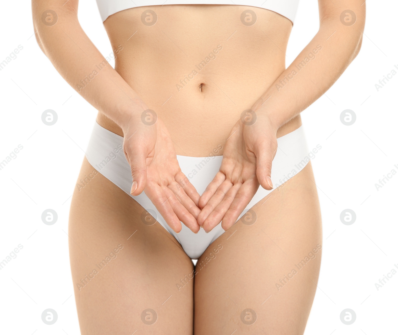 Photo of Gynecology. Woman in underwear on white background, closeup