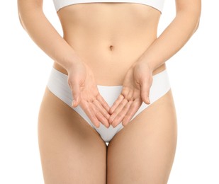 Photo of Gynecology. Woman in underwear on white background, closeup