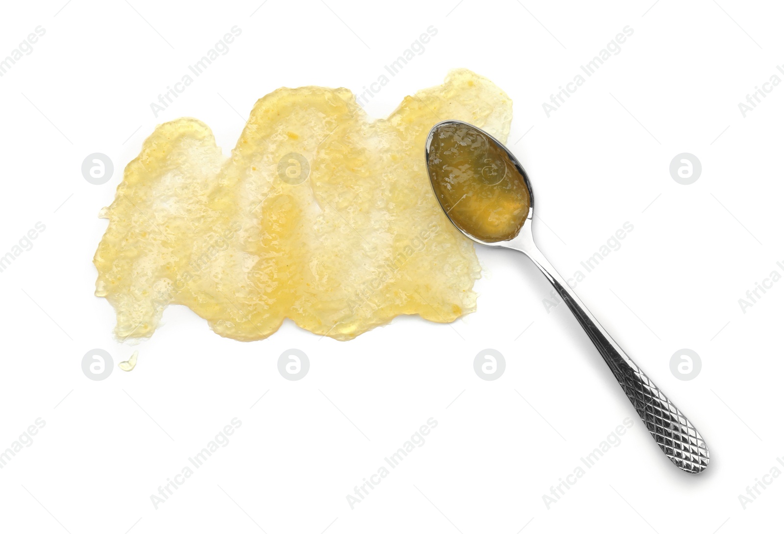 Photo of Tasty sweet jam and spoon isolated on white, top view