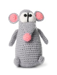 Photo of One crochet mouse isolated on white. Children's toy