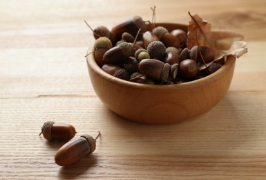 Photo of Many acorns in bowl on wooden table