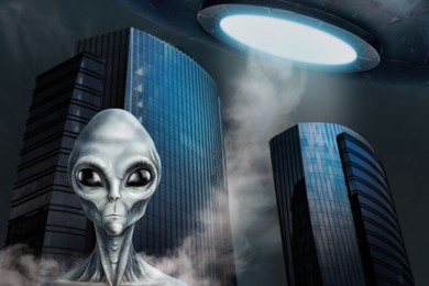 Image of Alien and flying saucer at city. UFO, extraterrestrial visitors