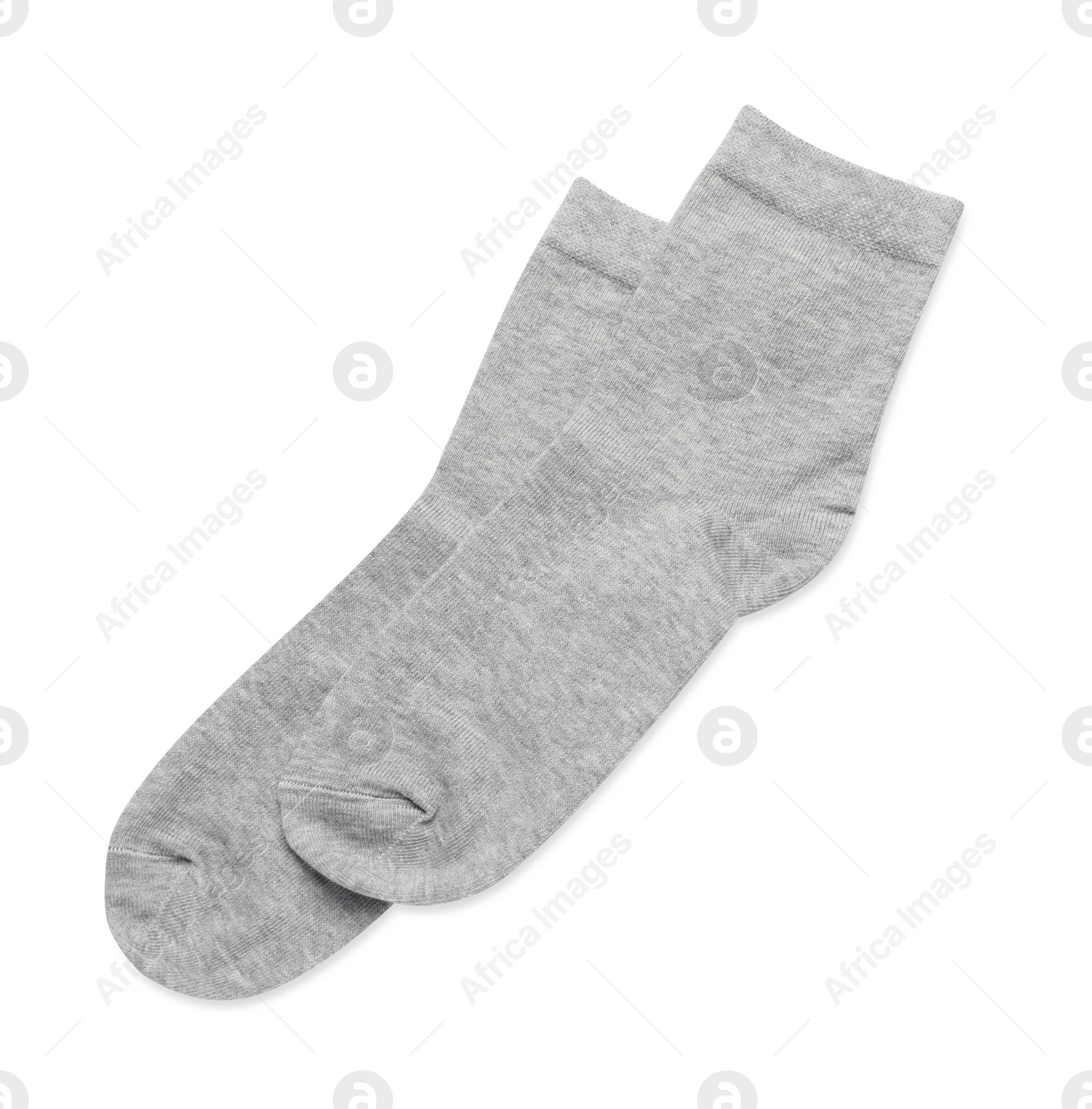 Photo of Pair of light grey socks isolated on white, top view