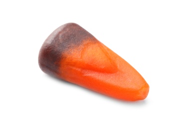 Photo of Colorful candy corn for Halloween party on white background