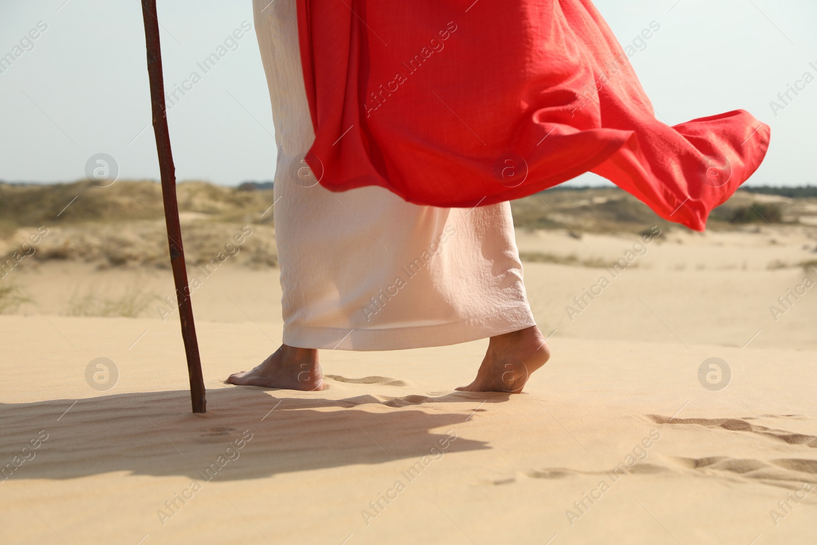 Photo of Jesus Christ walking in desert, closeup view