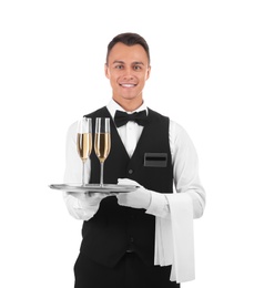 Waiter holding metal tray with glasses of champagne on white background