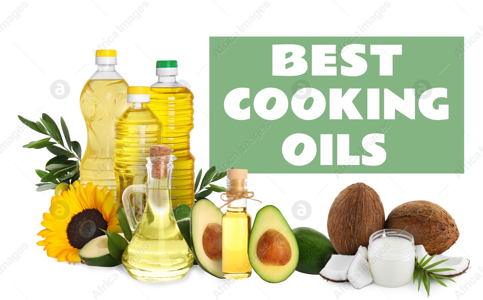 Image of Best for cooking. Different oils and ingredients on white background