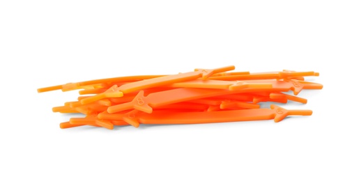 Photo of Orange silicone shoe laces on white background