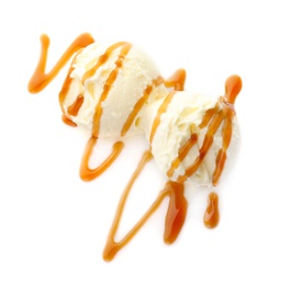 Photo of Balls of tasty vanilla ice cream with caramel topping on white background