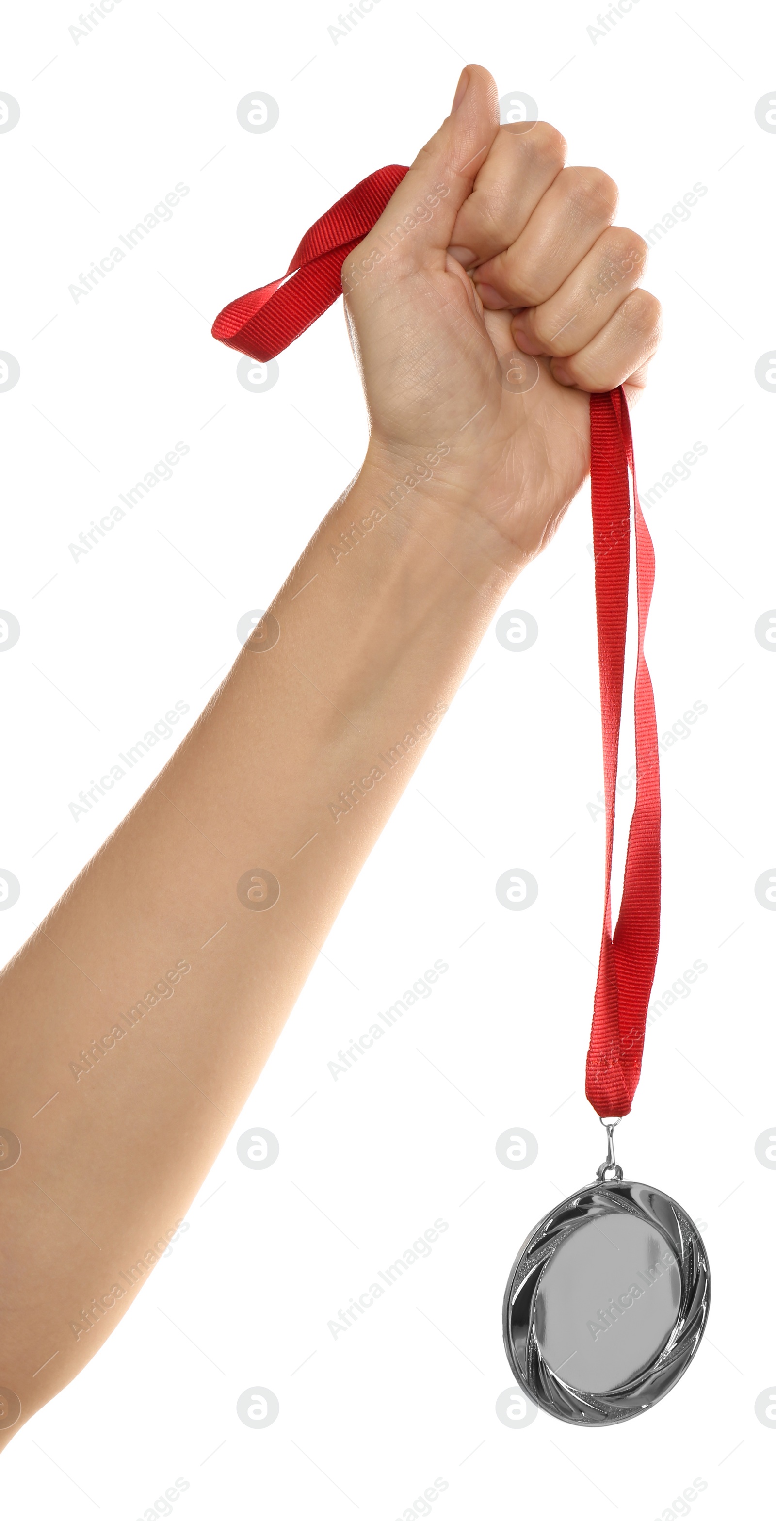 Photo of Woman holding silver medal on white background, closeup. Space for design