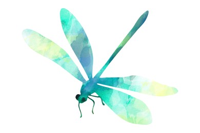 Illustration of Silhouette of dragonfly drawn with watercolor paint on white background