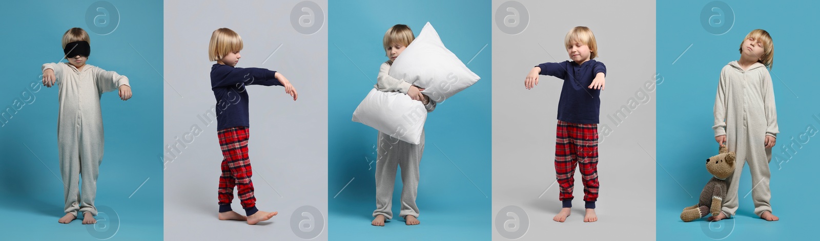 Image of Collage with photos of boy sleepwalking on different color backgrounds