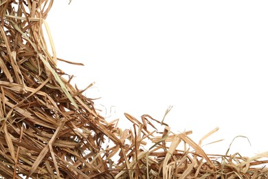 Heap of dried hay on white background, top view