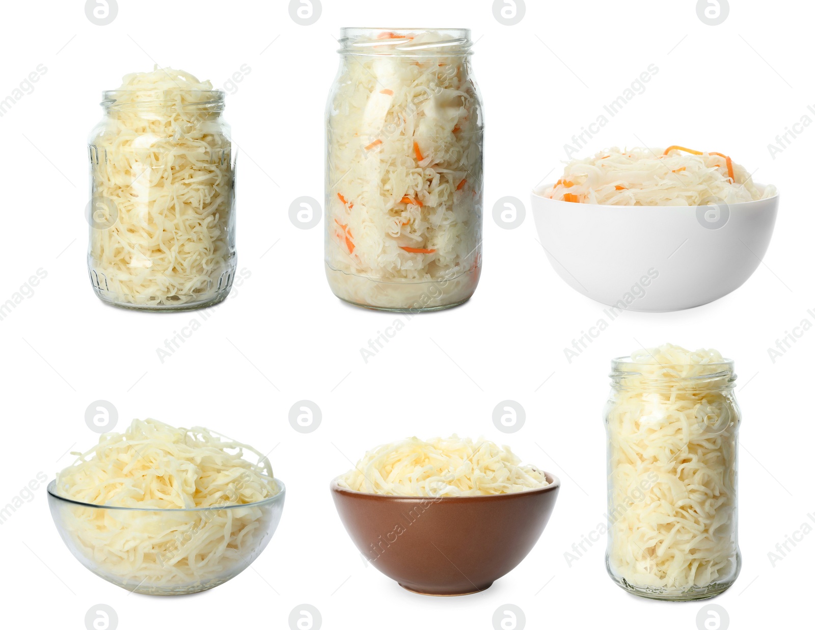 Image of Set of tasty fermented cabbage isolated on white