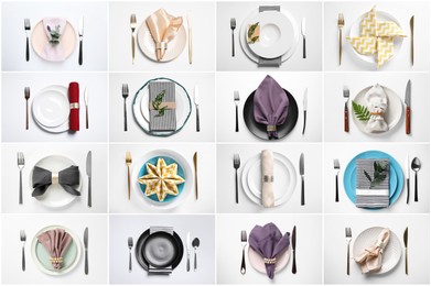 Image of Set with examples of different beautiful table settings on white background, top view