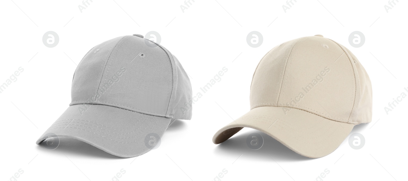 Image of Different baseball caps on white background, collage. Mock up for design