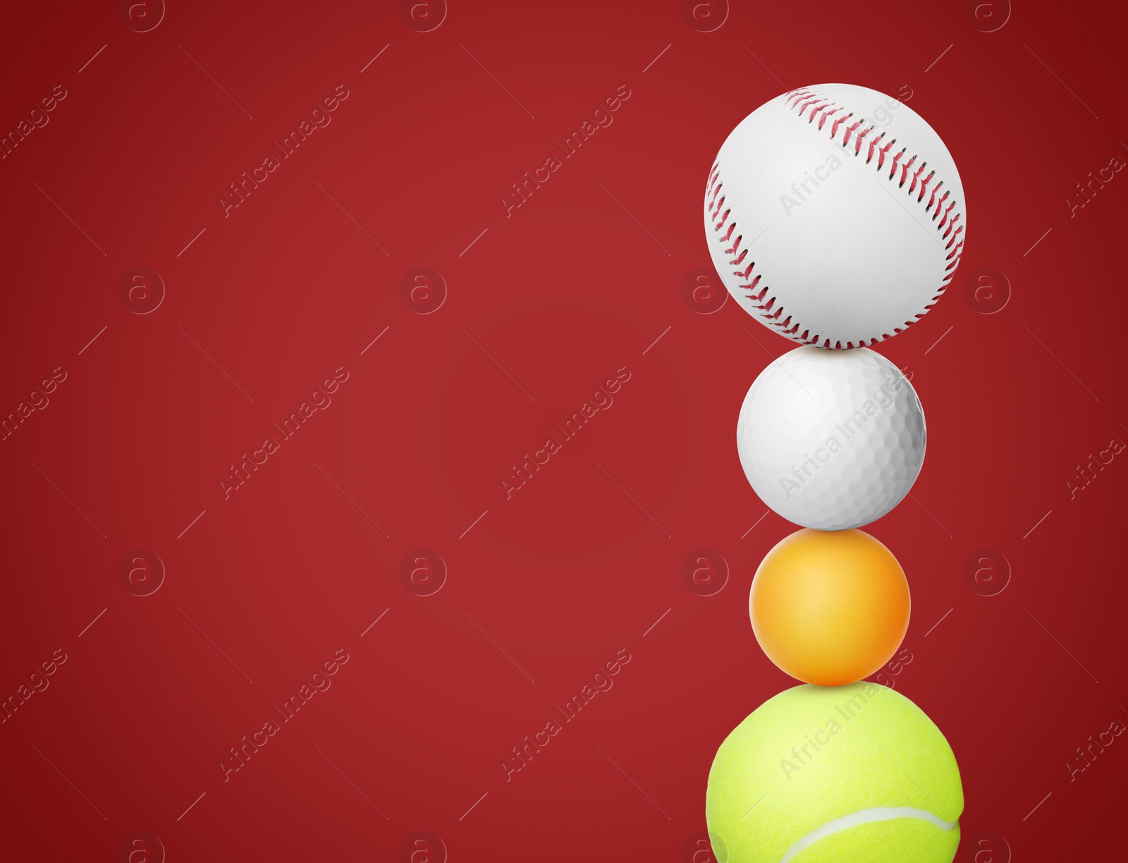 Image of Stack of different sport balls on red background, space for text